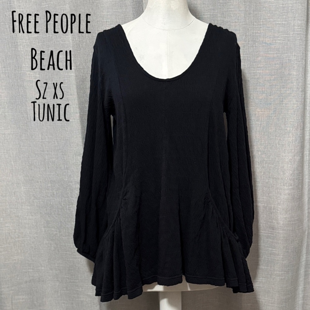FP Beach Boho Tunic-LongSleeve-XS-Navy-Cotton Blend-Pockets-Uneven Bottom Hem